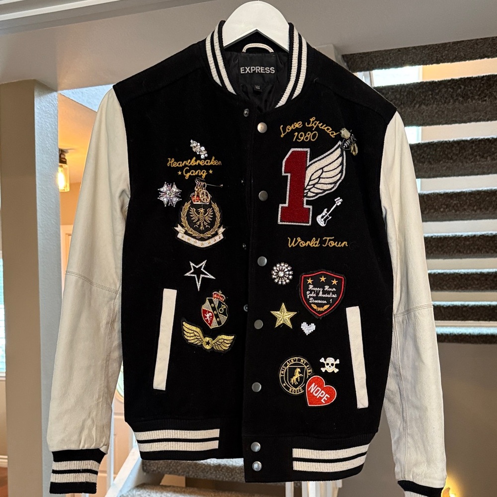 Express Men's Black and Cream Embroidered Varsity Jacket